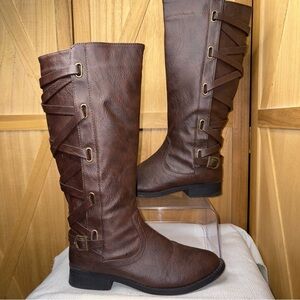 Brown Heeled Boots with Decorative Buckles Size 6